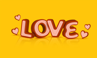 3D Love Font With Hearts Decorated On Yellow Background.