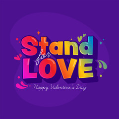 3D Colorful Gradient Stand For Love Font With Hearts, Arc Drops On Purple Background For Happy Valentine's Day.