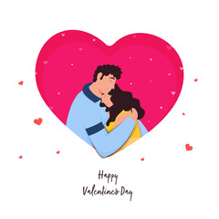 Young Couple Hugging Each Other On Pink Heart And White Background For Happy Valentine's Day Concept.