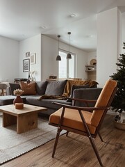 Modern interior design. Stylish bright living room decorated with comfortable sofa, coffee table,...
