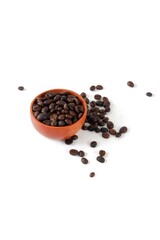 Coffee beans with wooden bowl on white background