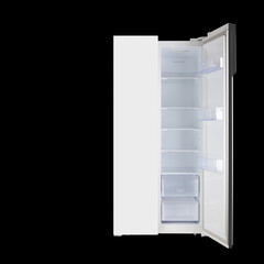 Home appliance - One open door two-door white refrigerator. Isolated in black
