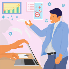 Handle customer complain, target achievement, presentation repot, office situation, Angry Boss, Vector isolated consept creative illustration.