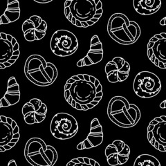 Bakery products pattern. Croissant, pretzel, snail bun, pie. Vector illustrtion