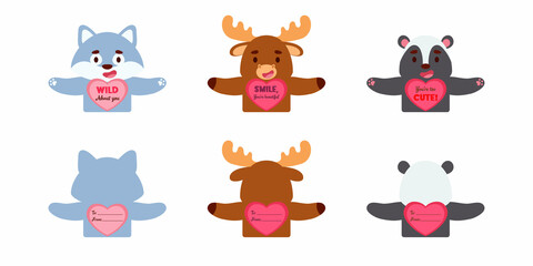 Cute animal Valentines Day gift cards candy holder cards for kids. Great gift option gift exchange, school classroom prizes, Valentine party favors, love notes and more. Vector stock illustration