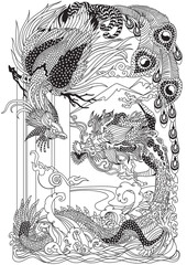 Jade Green Dragon and Gold Phoenix Feng Huang playing a pearl. Two celestial mythological creatures. Black and white vector illustration inspired by a Chinese Folklore Legend or Myth, Tale