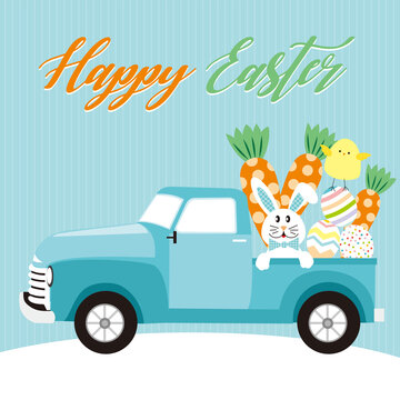 easter greeting card with car, bunny, eggs, chick and carrots