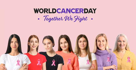 Group of women with pink ribbons on color background. World Cancer Day