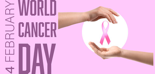 Female hands with pink ribbon on color background. World Cancer Day