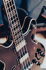Fototapeta na wymiar Close-up detail of a four-string electric bass guitar