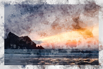Digital watercolour painting of Absolutely stunning landscape images of Holywell Bay beach in Cornwall UK during golden hojur sunset in Spring
