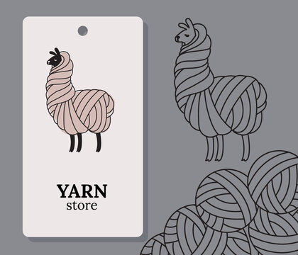 Lama, silhouette of a llama made of thread, balls of yarn. Logo, trademark for yarn store. Linear vector illustration.