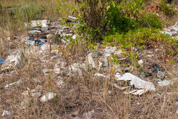 Plastic garbage, lying in the forest, among grass and bushes