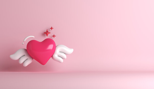 Happy Valentines day background with heart wing, copy space text, 3D rendering illustration
