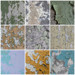 Set of peeling paint textures. Old concrete walls with cracked flaking paint. Weathered rough painted surfaces with patterns of cracks and peeling. Collection of grunge backgrounds for design.