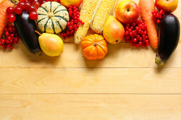 Obraz na płótnie Canvas Different healthy food on wooden background. Harvest festival