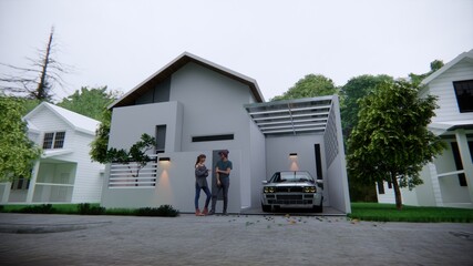 family in front of house