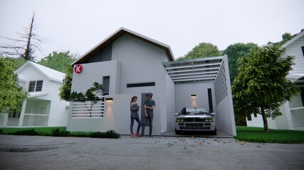 family in front of house