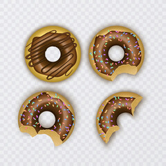 Donuts icing and chocolate. 3d realistic objects. Food icon set, vector illustration