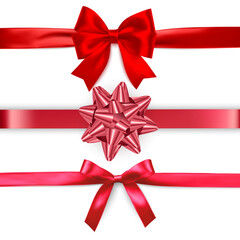 Red Ribbons Set, Horizontal red ribbon collection. Holiday gift decoration, valentine present tape knot, shiny sale