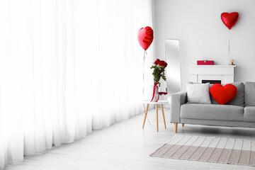 Interior of light living room decorated for Valentine's Day - obrazy, fototapety, plakaty