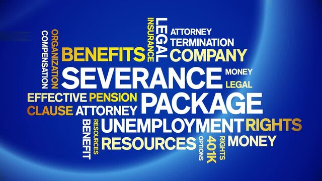 Severance Package Animated tag word cloud;text design animation kinetic typography seamless loop.
