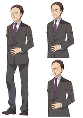 スーツの男性全身立ち絵と上半身表情差分
