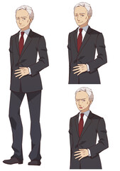 スーツのシニア男性全身立ち絵と上半身表情差分
