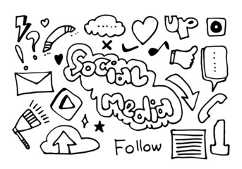 Vector line art Doodle cartoon set of objects and symbols on the Social Media theme.