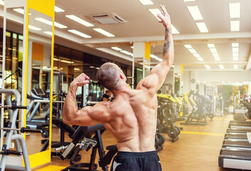 Muscular male bodybuilder with naked torso posing in the gym