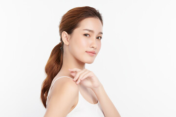 Beautiful young asian woman with clean fresh skin on white background, Face care, Facial treatment, Cosmetology, beauty and spa, Asian women portrait.