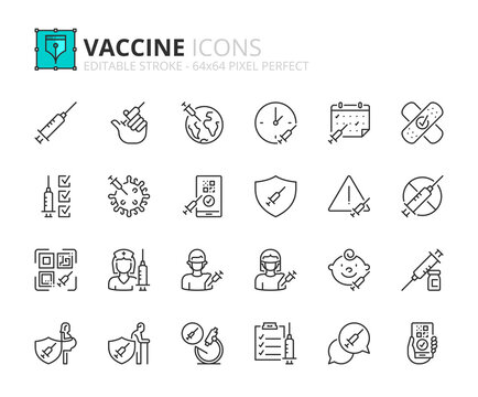 Simple set of outline icons about vaccine. Science and medicine concept.
