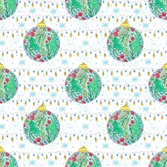 Christmas watercolor pattern with balls and garlands with lights for wrapping paper