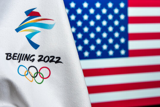 BEIJING, CHINA, JANUARY 1, 2022: Flag of United States of America, USA, boycott. Background for winter olympic game in Beijing 2022