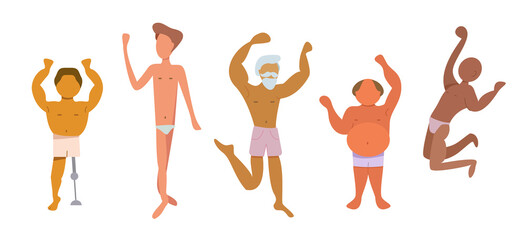Vector illustration for concept of man body positive. Male character of different body types standing together in their underwear. A company of multicolored and multisized people.