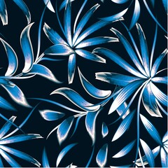 beautiful night summer tropical plant seamless pattern with blue monochromatic bamboo leaves and foliage on dark background. fashionable texture. jungle print. Exotic tropics. Summer design. autumn