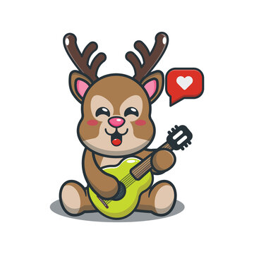 Cute deer playing guitar. Cute cartoon animal illustration.
