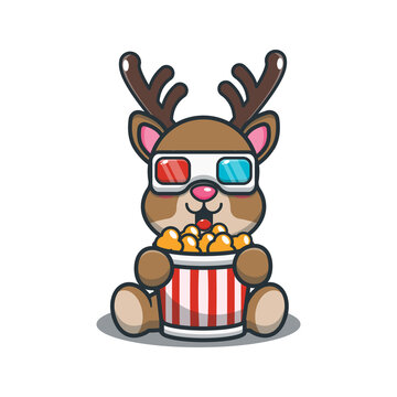 Cute deer eating popcorn and watch 3d movie. Cute cartoon animal illustration.