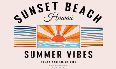 Hawaii sunset beach graphic print  design for t shirt print, poster, sticker, background and other uses. - obrazy, fototapety, plakaty