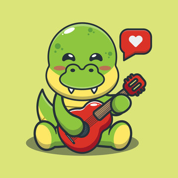 Cute dinosaur playing guitar. Cute cartoon animal illustration.