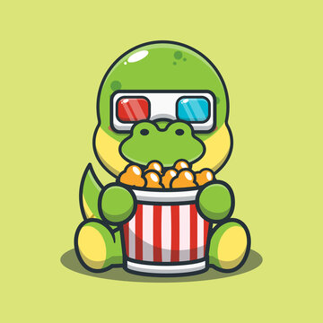 Cute dinosaur eating popcorn and watch 3d movie. Cute cartoon animal illustration.