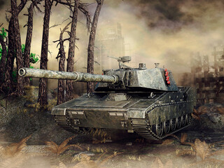 Old tank in the destroyed forest, with the ruins of a city in the background. 3D render.