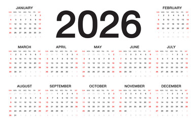 Calendar 2026 template vector. Set of 12 Months calendar 2026 year for Desk calendar 2026 design, wall calendar 2026 template, poster, planner, print media, advertisement. Simple design. vector 