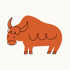 Illustration of a yak on an isolated background. Dusty pastel colors. Modern flat style