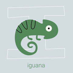 Vector flat illustration for children's alphabet. The letter " I " and an iguana in the foreground.