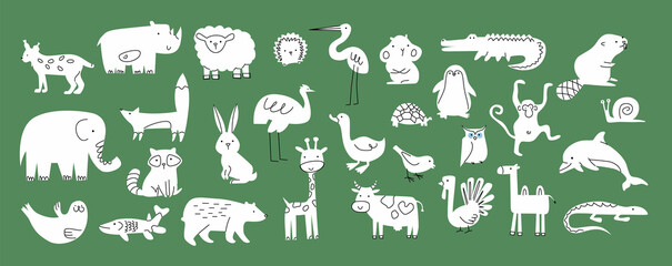 A set of simple animal for children's coloring pages: sheep, rhinoceros, lynx, crocodile, beaver, camel, goose, dolphin, raccoon, hedgehog, giraffe, hare, turkey, cow, fox, bear, penguin and other