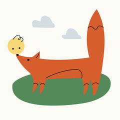 Illustration of a fox from a fairy tale with a kolobok want eat its on an isolated background. Dusty pastel colors. Modern flat style