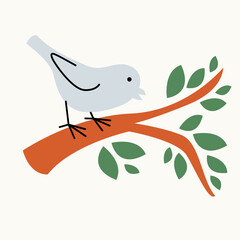 Illustration of a bird on a branch on an isolated background. Dusty pastel colors. Modern flat style