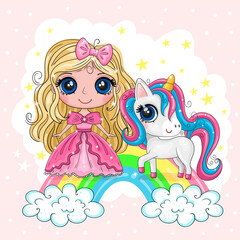 Cute Cartoon Girl and Unicorn on a color background with rainbow. Good for greeting cards, invitations, decoration, Print for Baby Shower etc.