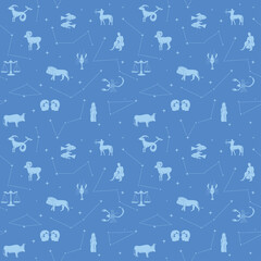 Zodiac constellations - blue vector seamless pattern with stars and animals